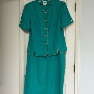 Leslie Fay Teal Two-Piece Skirt Set with Gold Trim